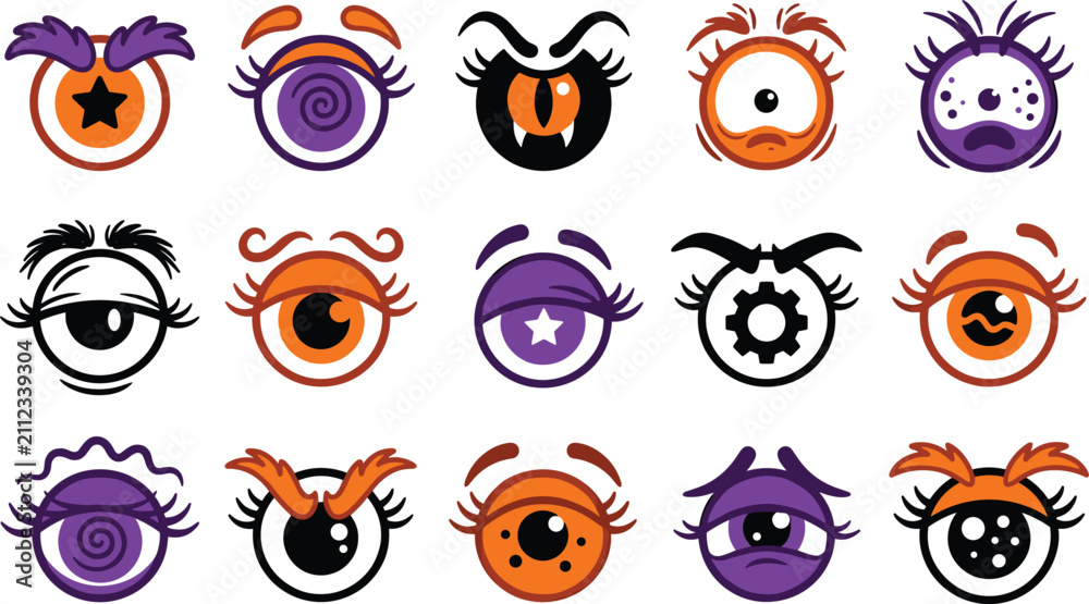 Obraz premium Set of cartoon monster eyes, funny alien eyeballs with different expressions, eyelashes and eyebrows, vector illustration