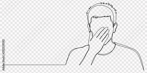 Foto Businessman Facepalm Gesture Continuous One Line Drawing, transparent background, line drawing of stressed covering her face with hand doing facepalm gesture