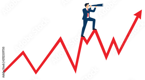 Businessman with telescope standing on volatile red stock market graph line, analyzing financial trends and market opportunities with vision and foresight