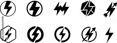 Isolated Lightning bolt icon set, black thunderbolt symbols for energy and power, 10 electric flash vector elements for logo design and UI ,Clean grouped each Icon