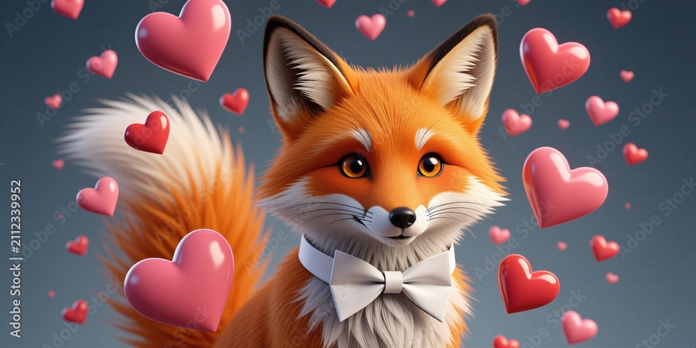 Fototapeta premium Cute orange fox wears white bow tie with floating pink hearts around. Small mammal animal portrait for birthday celebration romantic gift card design. Whimsical woodland creature looks into camera