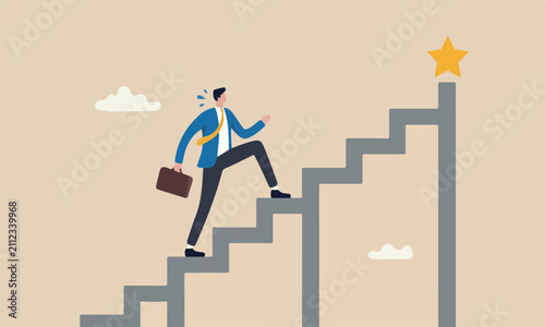 Business difficulty and challenge to overcome to achieve success goal, big step for career or adversity concept, businessman trying hard with full effort to climb up big step ladder or stairway
