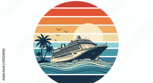 Captivating illustration of a tropical cruise ship journey, showcasing a majestic vessel on ocean waves, framed by palm trees and a stunning retro sunset