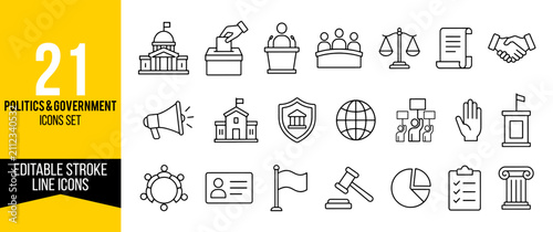 Foto Politics and government line icon set featuring parliament, election, voting, pu
