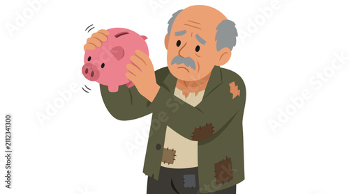 Worried elderly man in tattered clothes shaking empty pink piggybank, financial hardship and poverty concept illustration with concerned expression