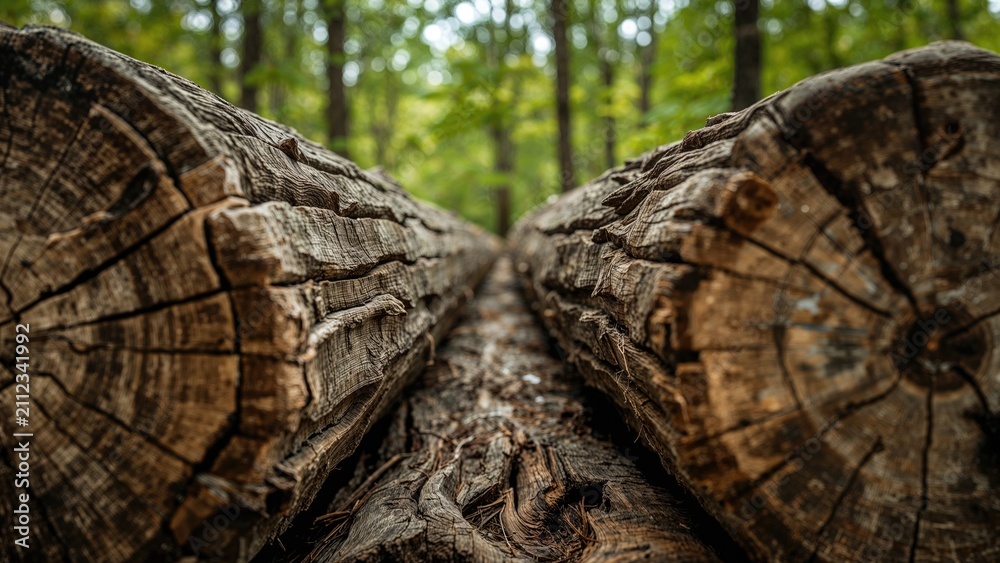 Obraz premium Close-up of cut logs in a forest, showcasing the texture and grain of the wood. Natural environment and timber, outdoor scene.