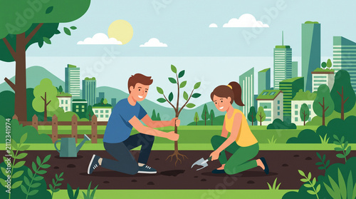 Environmental awareness. Man and woman plant a tree for a green future.