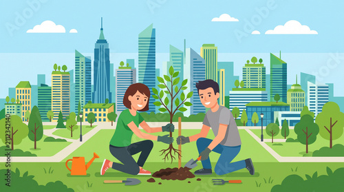 World environment day concept. Couple planting a tree to protect nature.