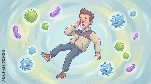 Floating man catching a cold in autumn. Flying germ and bacteria in the air.