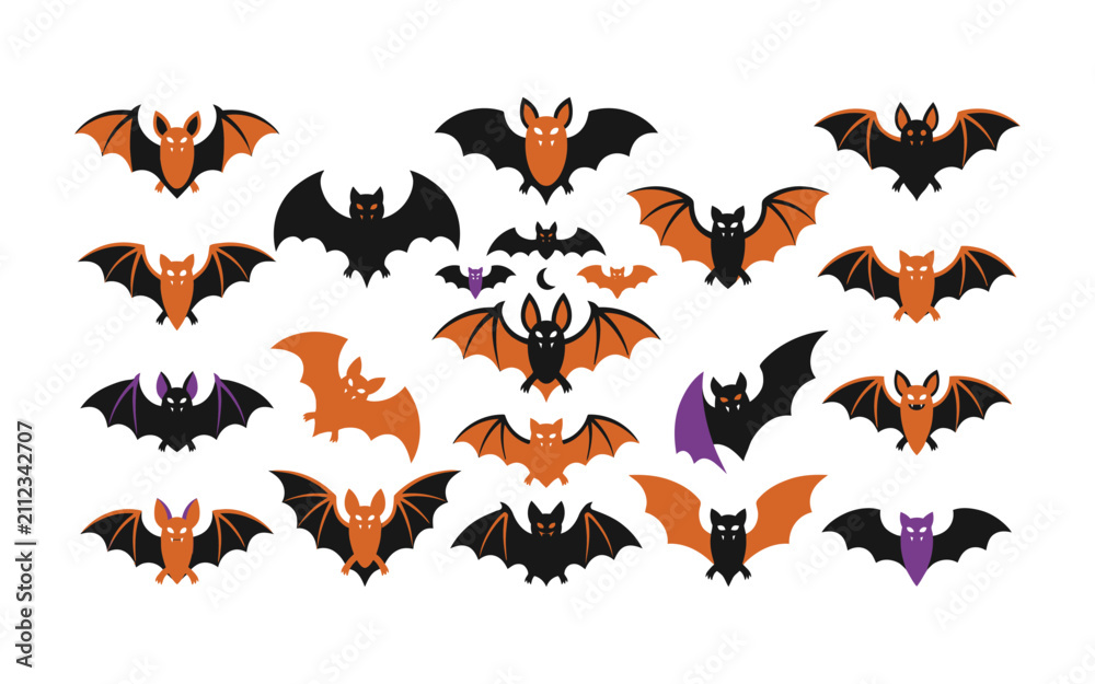 Obraz premium Collection Of Cartoon Bats In Orange Black And Purple Flat Vector Illustration bat flying
