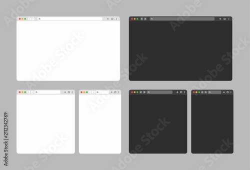 Browser Window UI Kit. Modern Web Browser Mockup Templates in Light and Dark Mode. Blank Internet Window Interface Collection. Flat Vector Illustration.