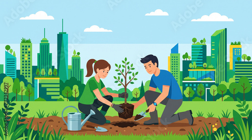 Earth day background. Couple working together to plant a tree