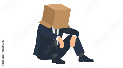 Depressed businessman sitting on floor with cardboard box over head, expressing job loss, burnout, and mental health crisis in corporate environment