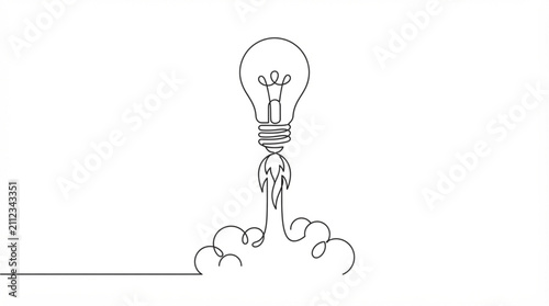 Continuous line art light bulb rocket launch vector for creative startup concept