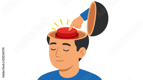 Conceptual vector illustration of a calm man with his head open like a lid, revealing a glowing red emergency button inside being pressed by a finger, symbolizing mental activation, stress and