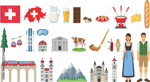 Foto Switzerland Travel and Culture Icon Set with Swiss Flag, Map, Alps Mountains, Tr