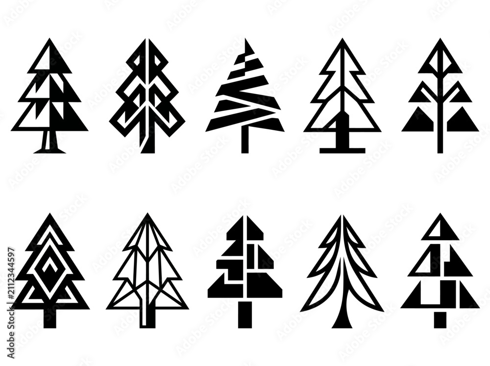 Obraz premium Abstract geometric pine tree symbols collection, featuring diverse evergreen forest forms and modern minimalist nature illustrations.