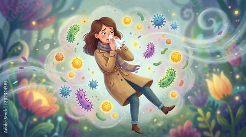 Sick woman floating in air blowing nose. Autumn allergy and airborne viruses.