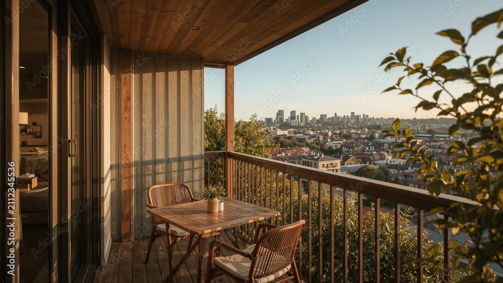 Obraz premium Balcony view overlooking urban cityscape with trees and buildings, wooden table and chairs, cozy outdoor space, and a distant skyline.