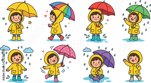 Cute Child in Yellow Raincoat and Boots with Colorful Umbrellas Character Set for Autumn Weather Graphic Design Elements and Stickers
