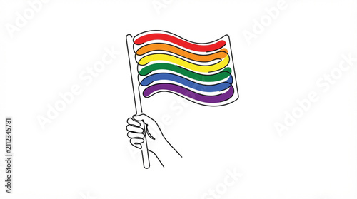 Continuous line art pride flag vector with colorful rainbow stripe fills
