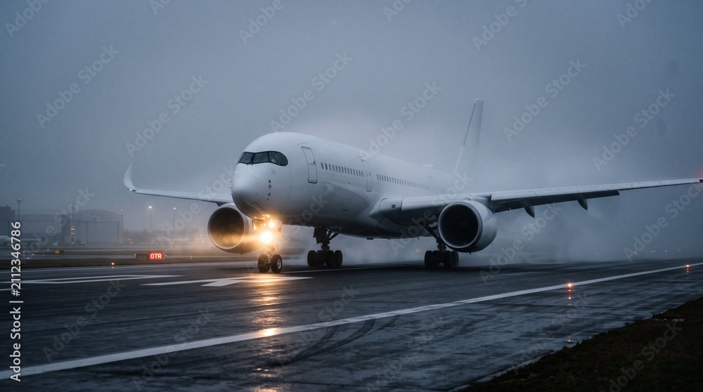 Fototapeta premium Commercial airplane breaking through fog during takeoff. Modern jet in stormy weather, aviation transportation, travel industry.