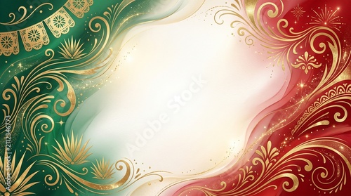 Luxury Mexican Independence Day Background with Golden Floral Ornaments Agave Decorations Festive Fireworks and Elegant Patriotic Copy Space Design