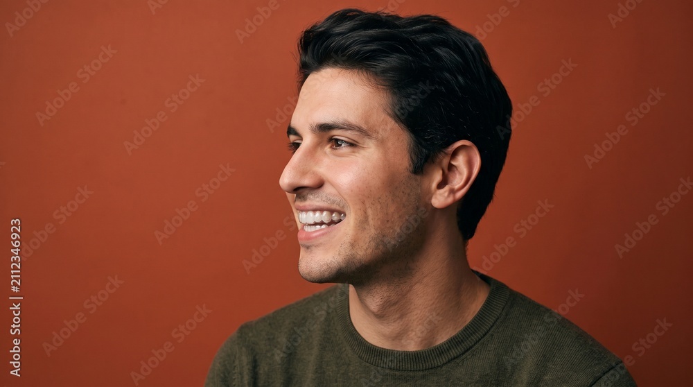 Fototapeta premium Young man with dark hair smiling and looking to the side against a warm orange background