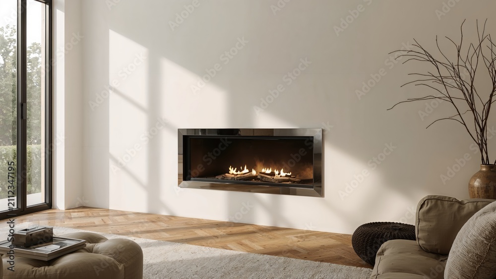 Obraz premium Modern living room with a wall-mounted fireplace, beige sofas, and large windows, creating a cozy and bright atmosphere.