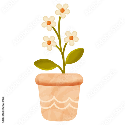 Watercolor White Blossom Potted Plant Illustration