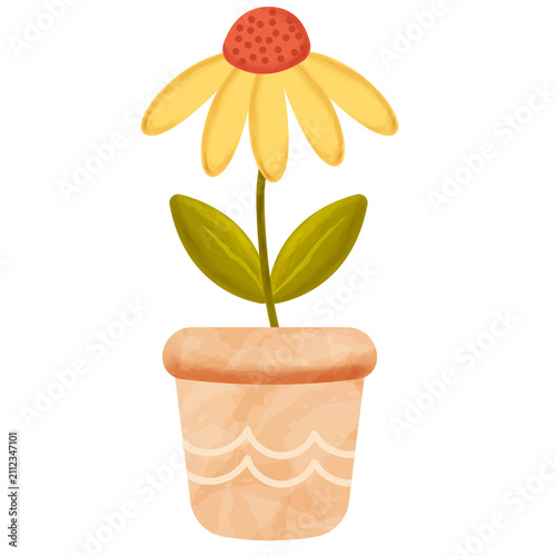 Watercolor Coneflower Potted Plant Illustration