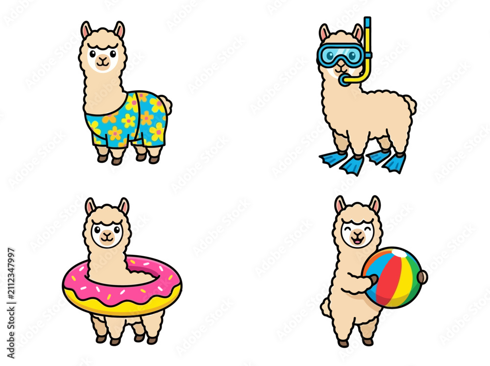 Obraz premium Cute Summer Llama Cartoon Characters Collection Featuring Swimming Gear and Beach Toys for Tropical Vacation Design Projects