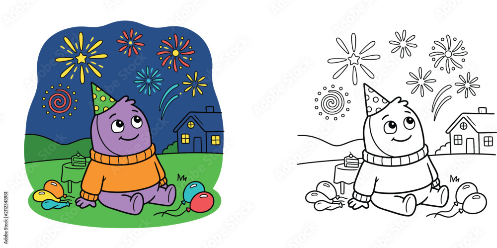 Naklejka premium Cute Monster Birthday Party Illustration with Fireworks and Coloring Book Outline Page for Kids Vector