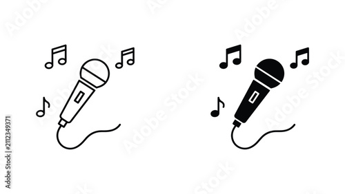 Professional handheld microphone icon set with musical notes for audio recording and live performance