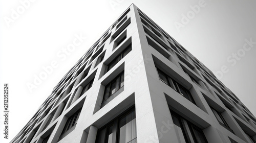Modern concrete building with geometric facade and rows of windows, viewed from a low angle looking upwards
