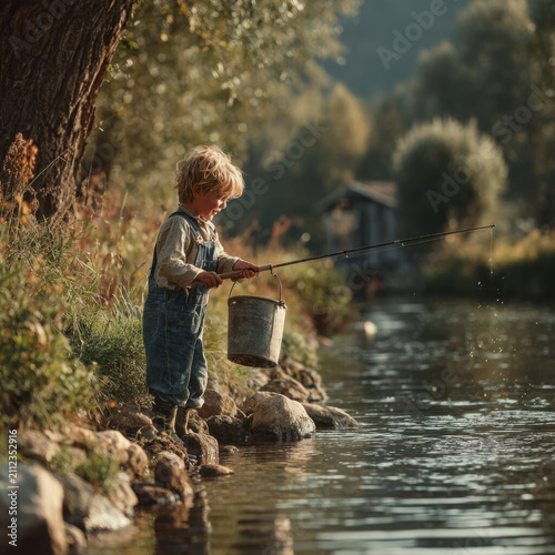 Young boy in overalls joyfully fishes by serene riverbank, surrounded by lush greenery and soft sunlight