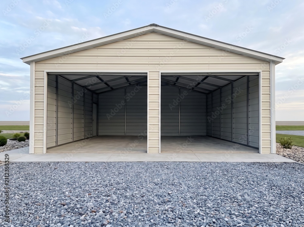 Fototapeta premium Beige Metal Open Front Multi-Bay Building with Empty Bays on Gravel Lot in Rural Open Countryside