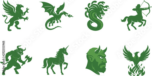 Fotografija Mythical Creatures and Legendary Fantasy Monsters Vector Illustration Set Featur
