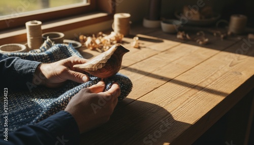 Crafting a wooden bird figure on a sunny afternoon at a rustic workshop table