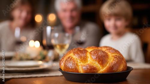 A beautifully braided challah bread sits as the centerpiece on a dining table, with a happy family in the blurred background, ready for a meal. The bread has a golden-brown crust and a rich texture.
