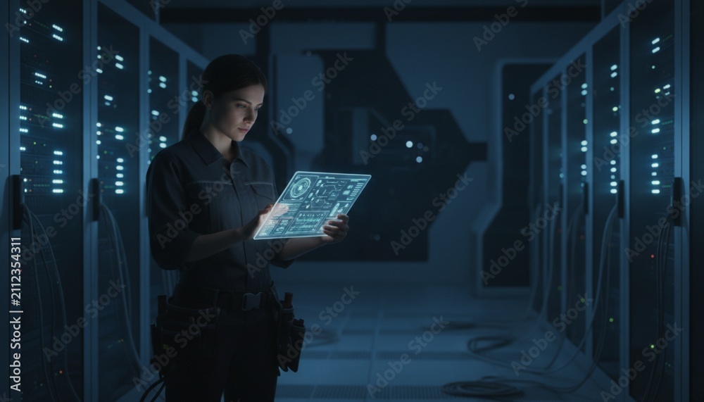 Fototapeta premium Technician works with a digital display in a server room during evening hours