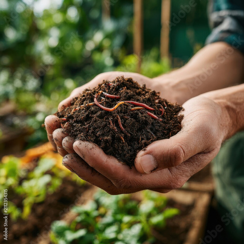 Hands holding rich compost with worms in garden, symbolizing sustainable gardening and organic farming practices