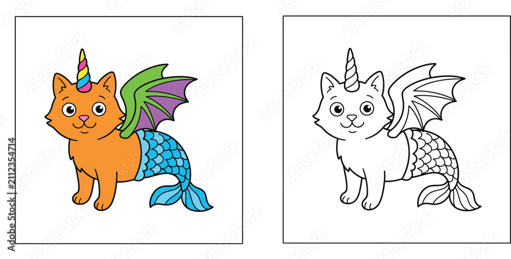 Fototapeta premium Cute Caticorn Mermaid Dragon Hybrid Illustration and Line Art Coloring Page for Kids Fantasy Magical Creature Vector