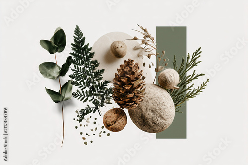 Minimal Botanical Collage With Pine Cone, Foliage and Neutral Natural Elements in Flat Lay Composition
description