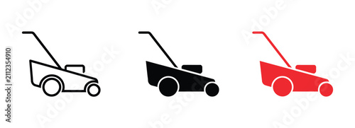 Lawn mower icons featuring garden machine, grass cutting equipment, landscaping service, lawn care maintenance, and gardening tool symbols in outline, solid black, and red flat vector styles for outdo