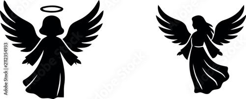 Фотография Angel silhouettes with wings and halos against a white background vector illustr