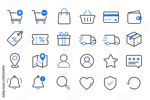E-commerce UI icon set with shopping cart payment delivery and customer interface outline vector collection