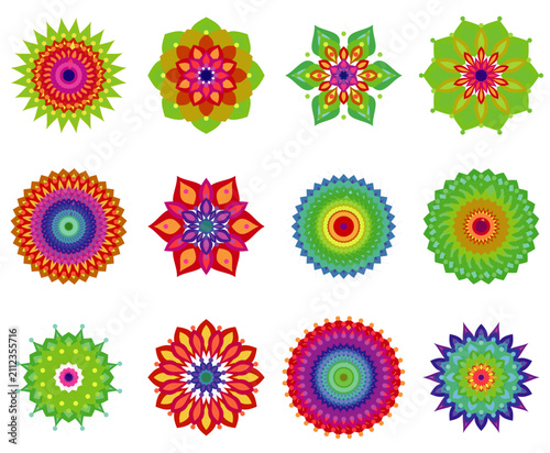 Set of colorful circular mandala patterns and flower icons