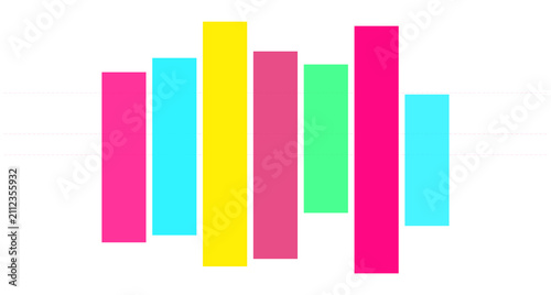 Bars representing a colorful digital equalizer display bright vertical rectangular segments against a stark white background to convey modern audio technology and high energy music production visual.