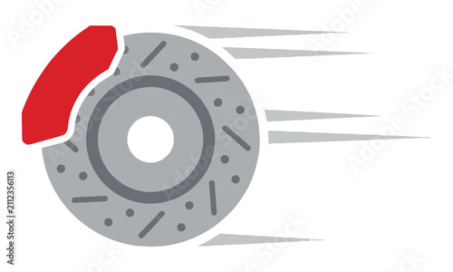 Stylized automotive brake disc rotor with caliper and motion lines in flat minimalist design, isolated on white background, modern automotive industry concept